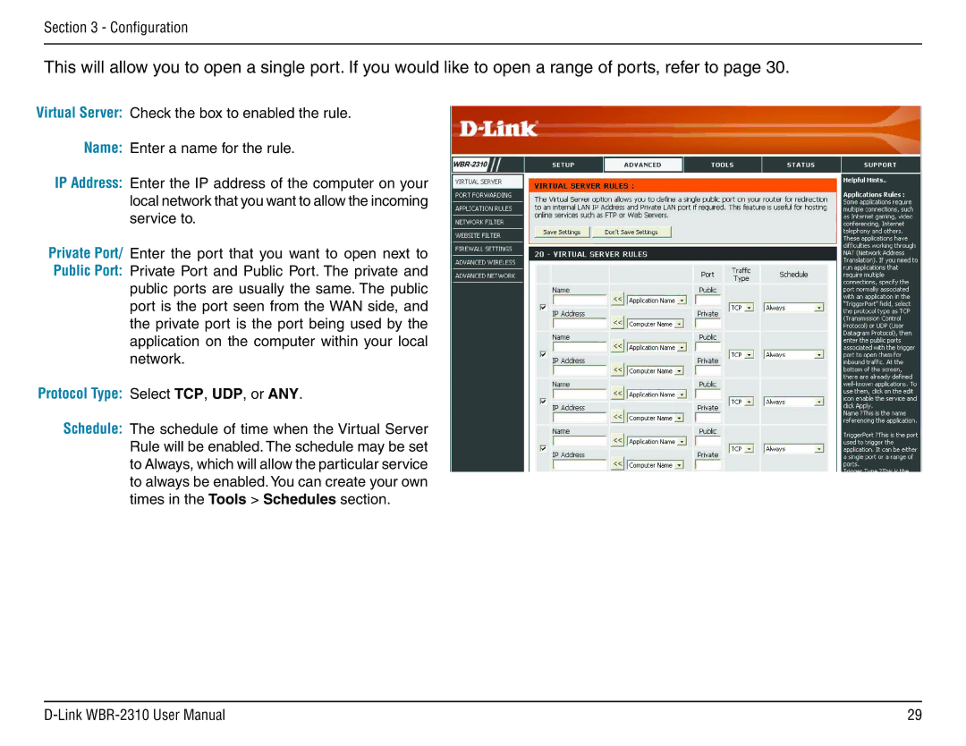D-Link WBR-2310 manual Protocol Type Select TCP, UDP, or ANY 