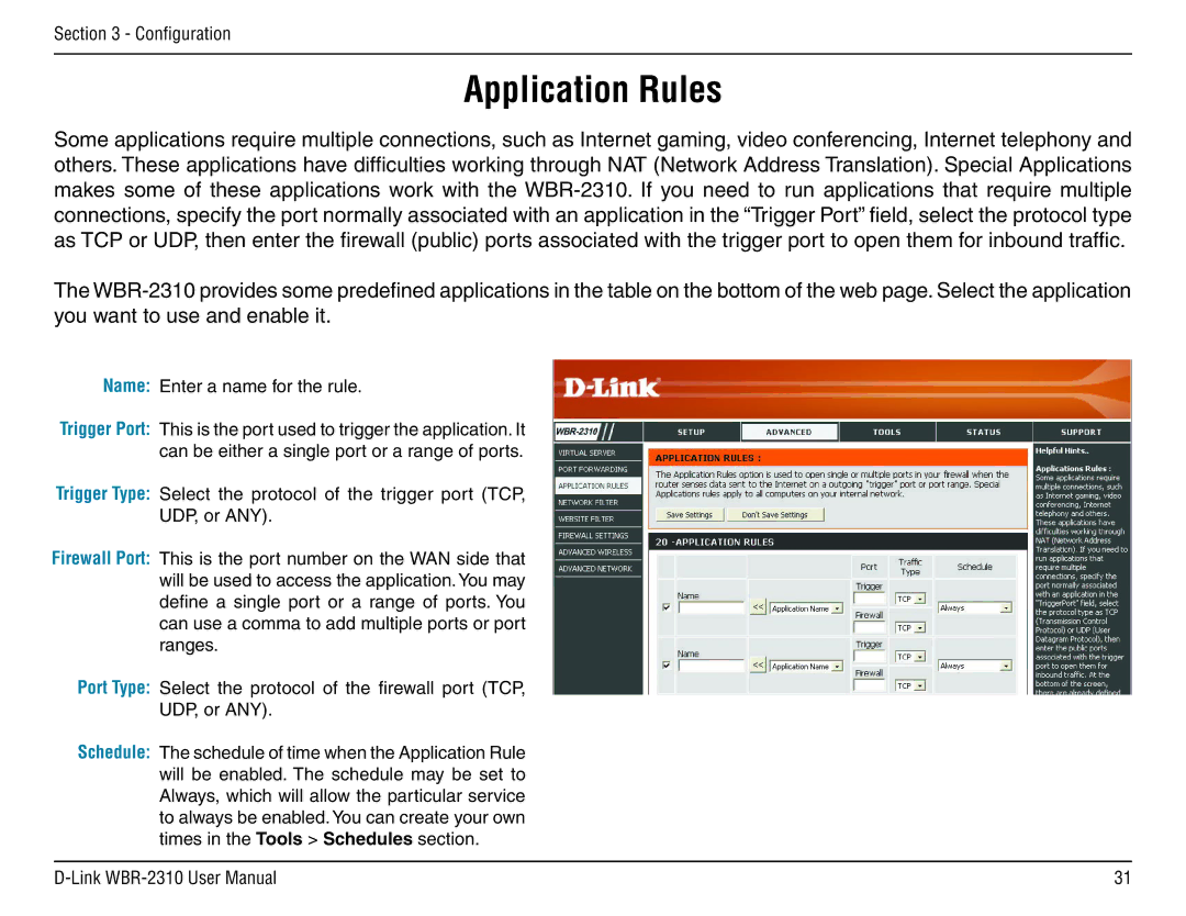 D-Link WBR-2310 manual Application Rules 