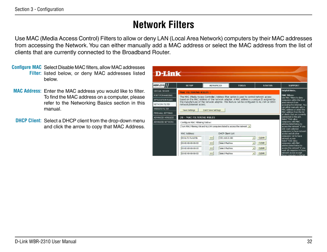 D-Link WBR-2310 manual Network Filters 