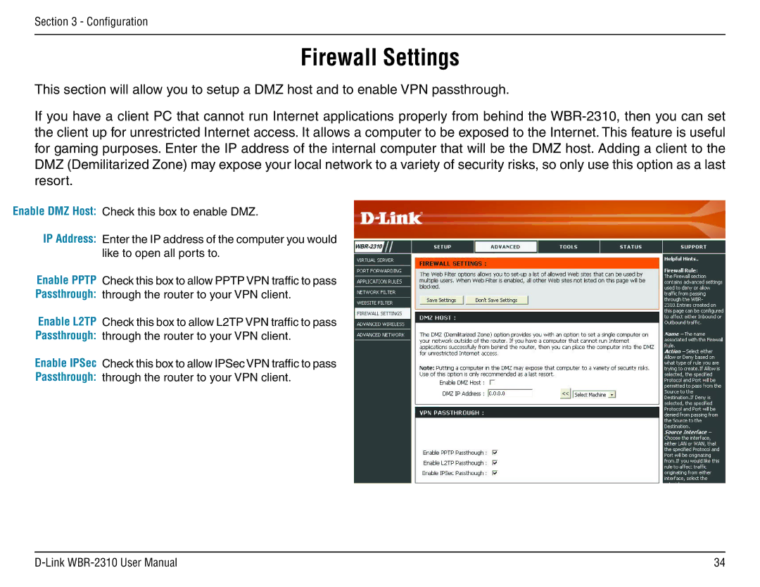 D-Link WBR-2310 manual Firewall Settings, IP Address Enable Pptp Passthrough Enable L2TP Enable IPSec 