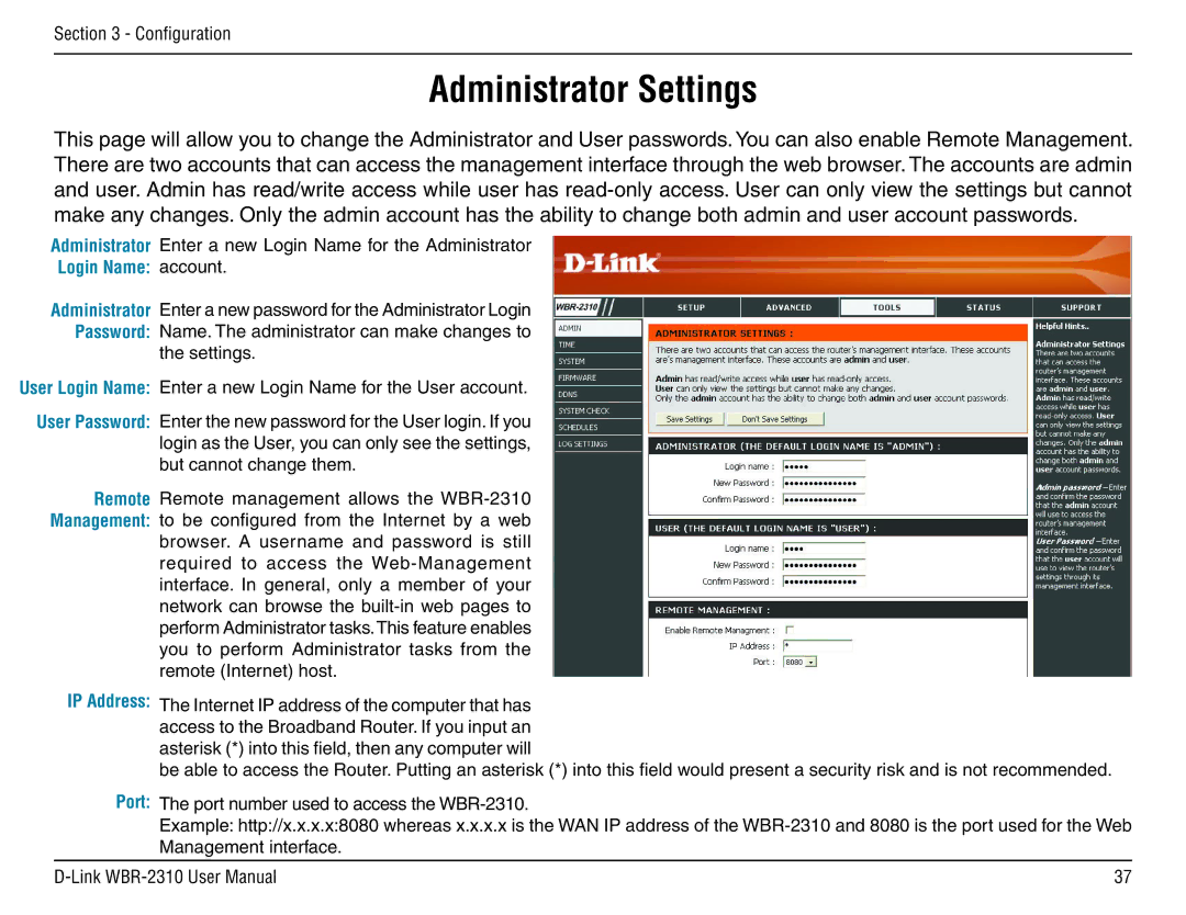 D-Link WBR-2310 manual Administrator Settings, Login Name account 