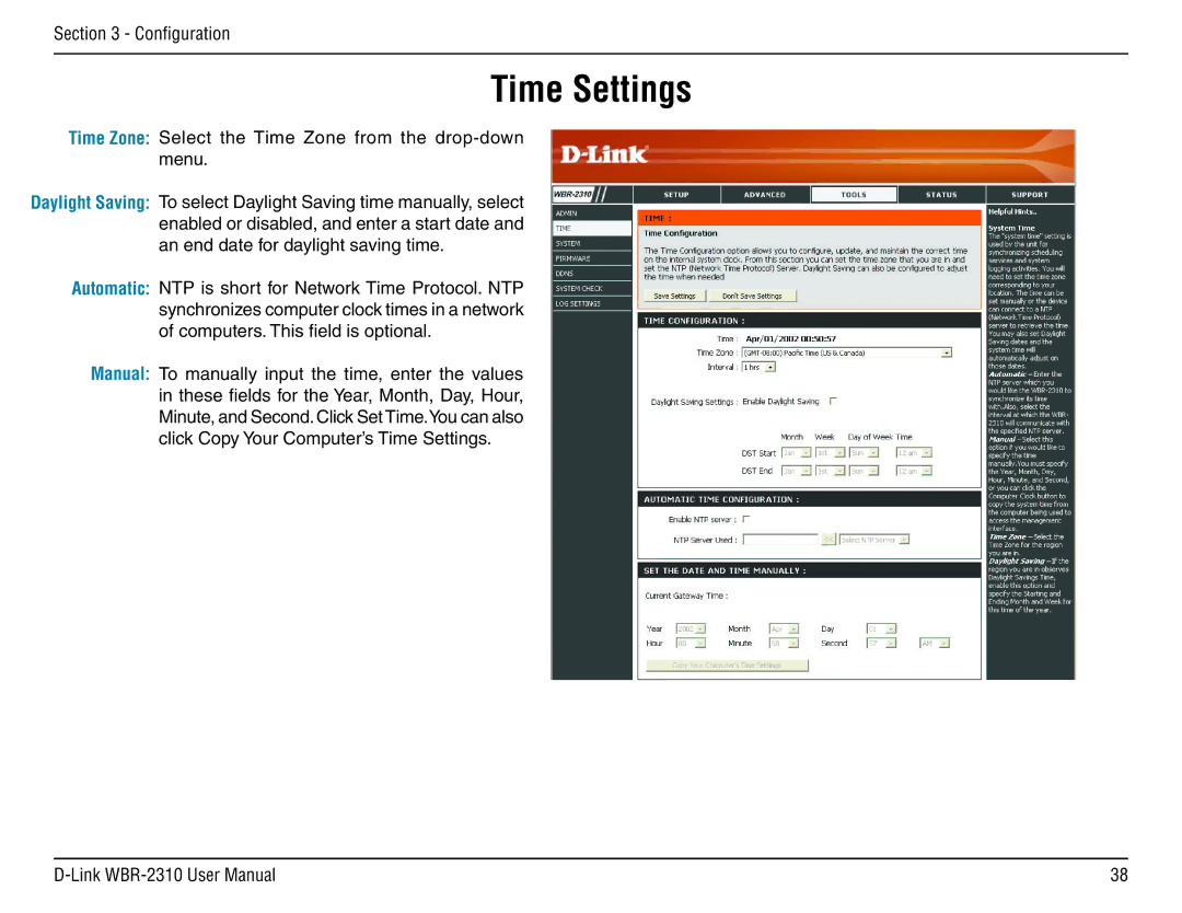 D-Link WBR-2310 manual Time Settings 