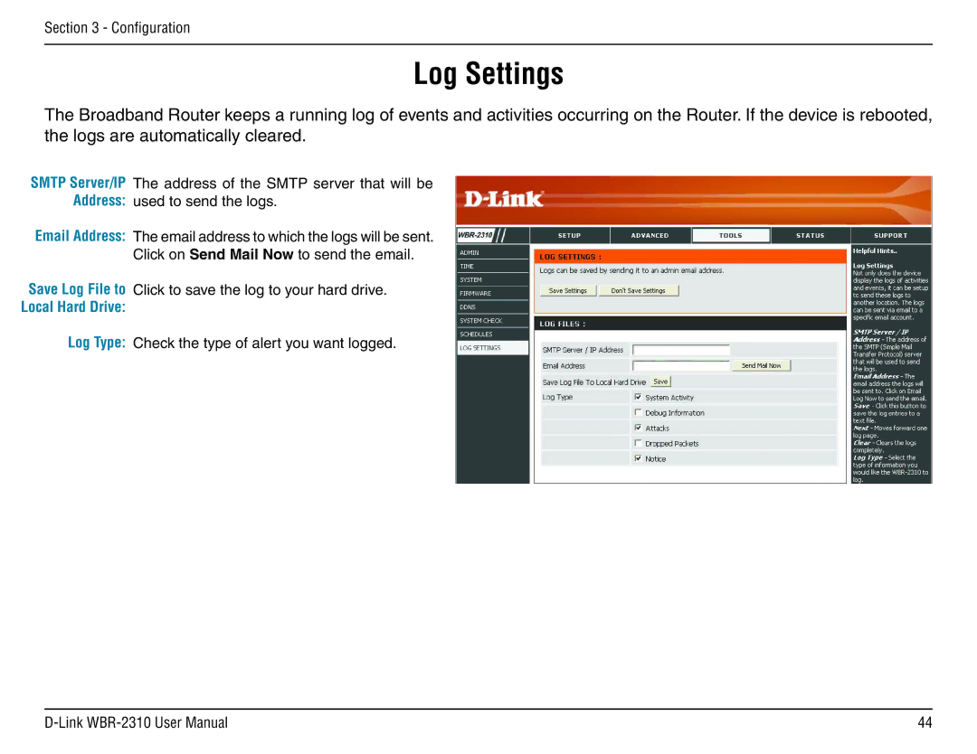 D-Link WBR-2310 manual Log Settings 