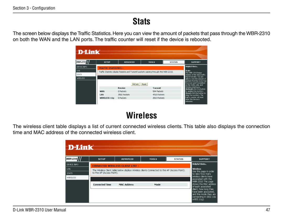 D-Link WBR-2310 manual Stats, Wireless 