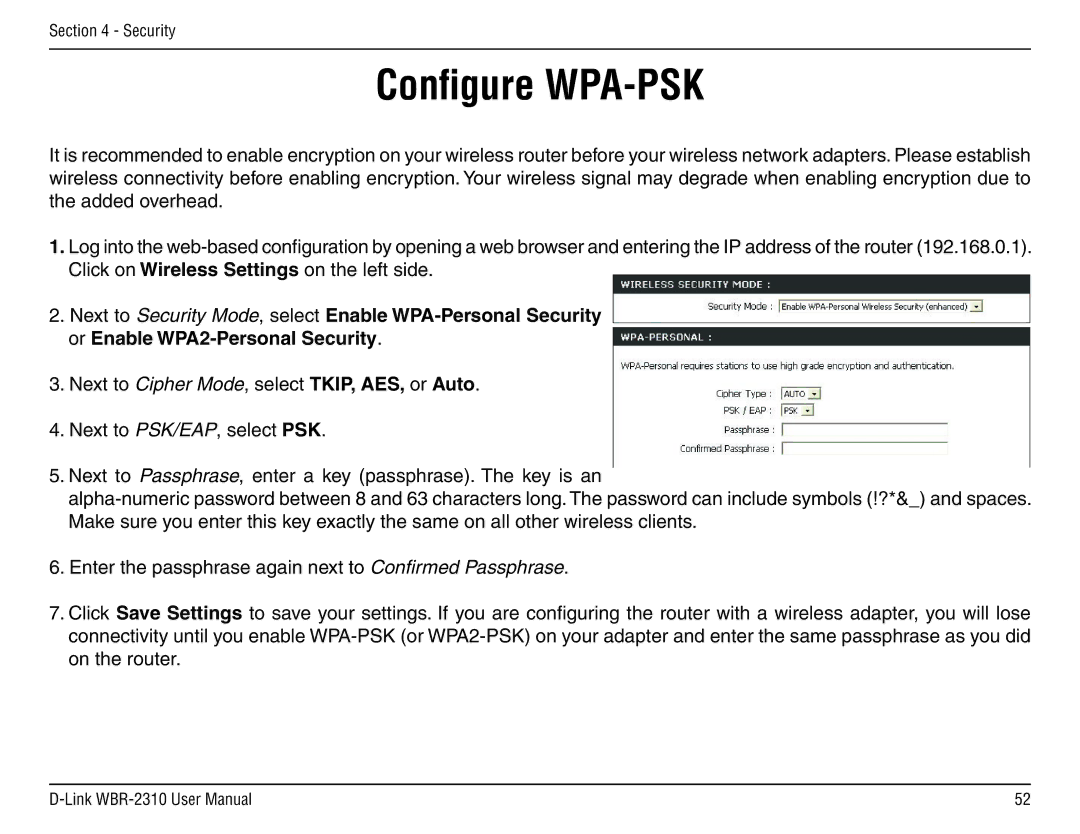 D-Link WBR-2310 manual Conﬁgure WPA-PSK 