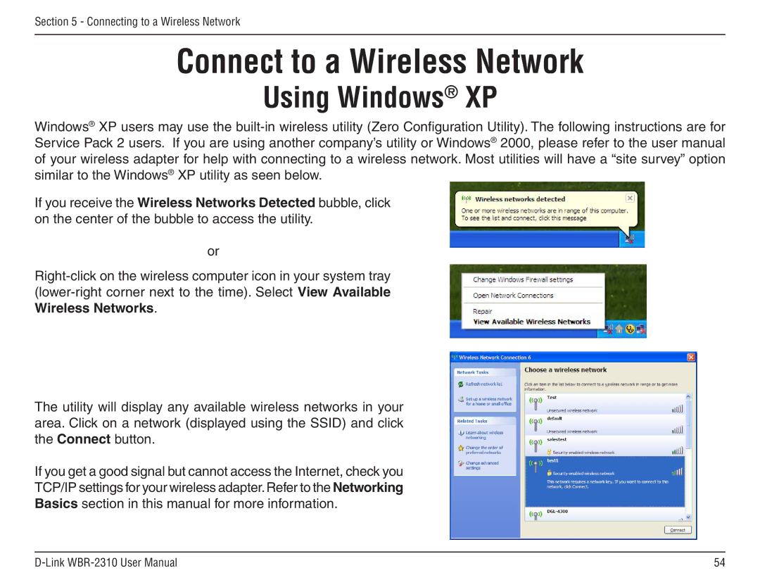 D-Link WBR-2310 manual Connect to a Wireless Network, Using Windows XP 