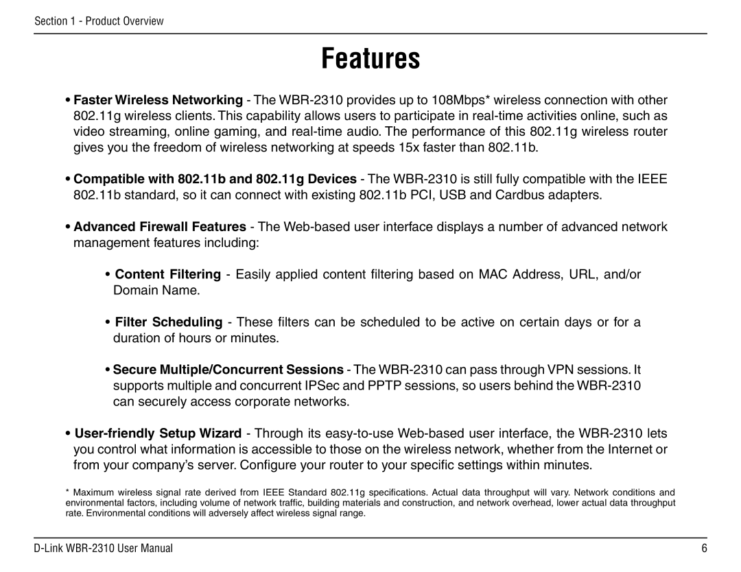 D-Link WBR-2310 manual Features 