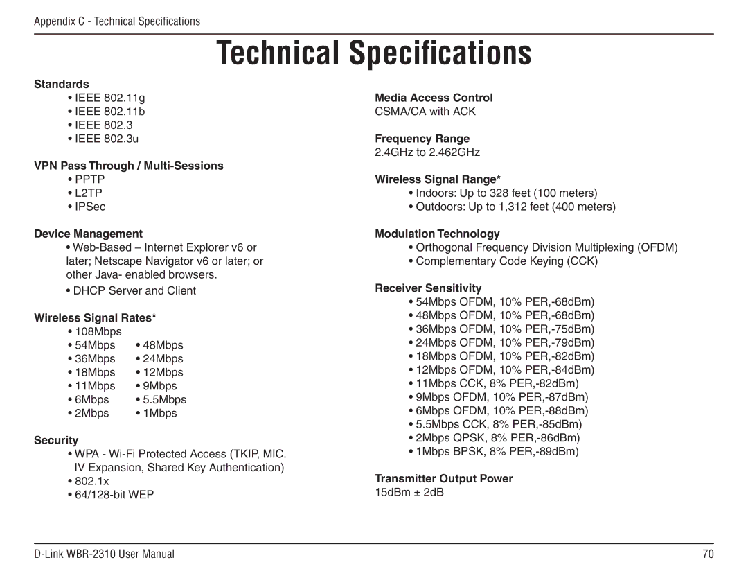 D-Link WBR-2310 manual Technical Speciﬁcations, Device Management 