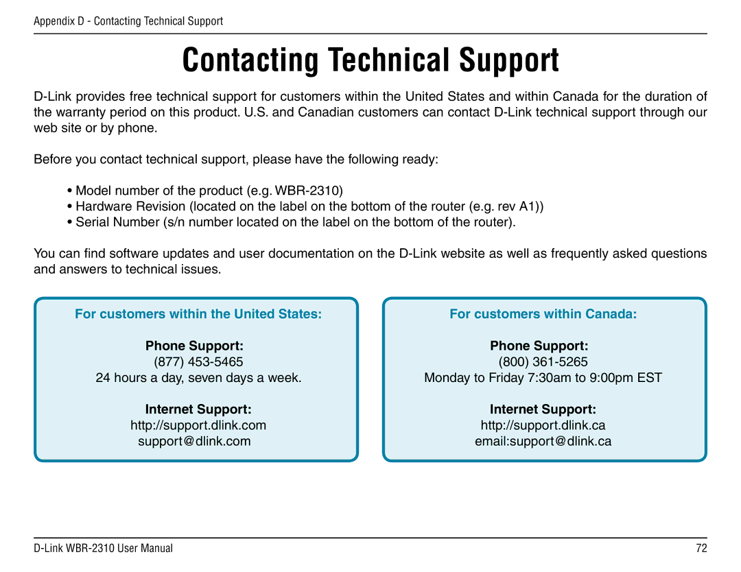 D-Link WBR-2310 manual Contacting Technical Support, Phone Support 