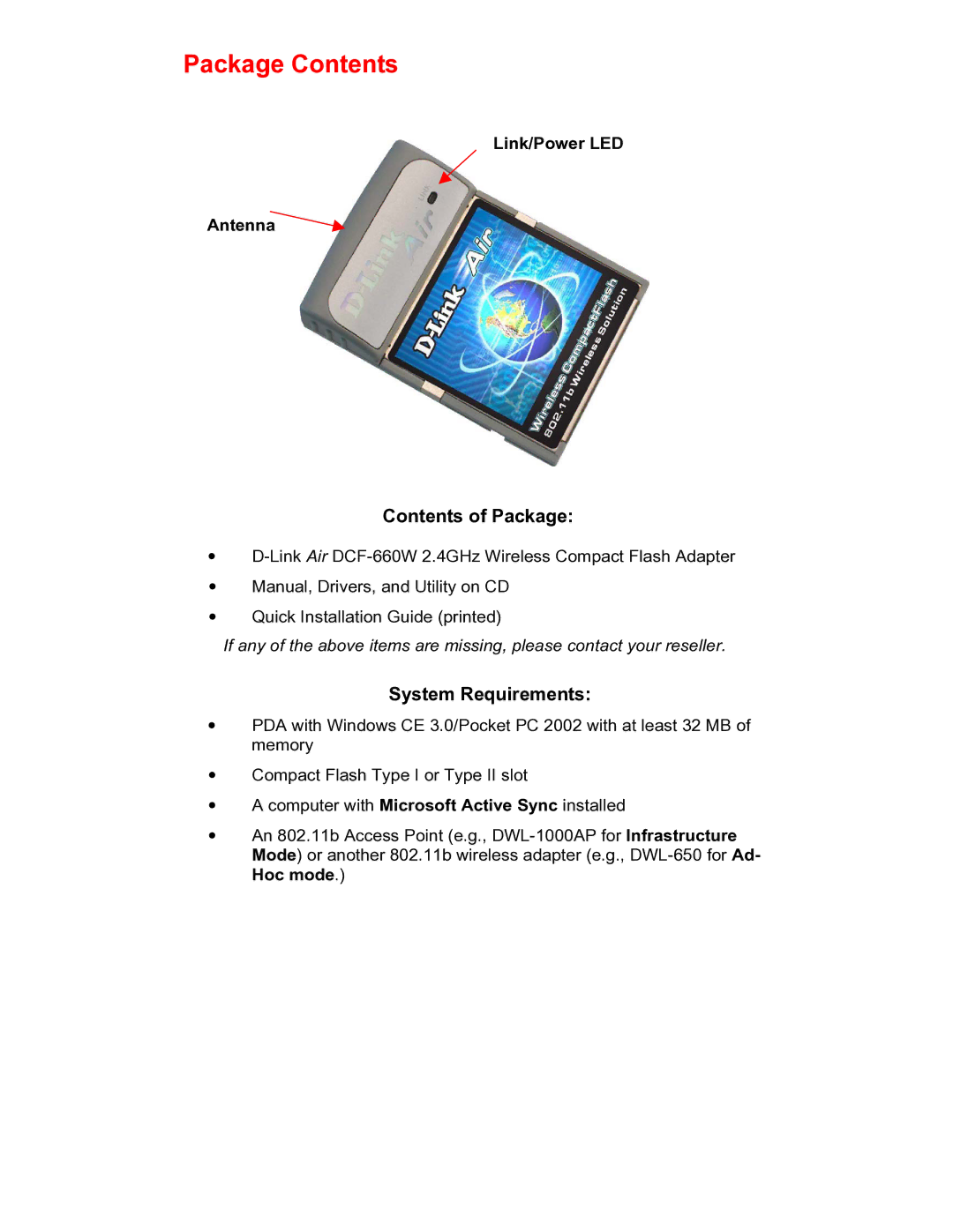 D-Link WL-211F manual Package Contents 