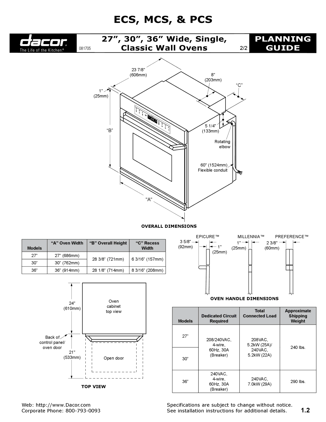 Dacor & PCS Overall Dimensions, Oven Width Overall Height Recess, TOP View Oven Handle Dimensions, Total Approximate 