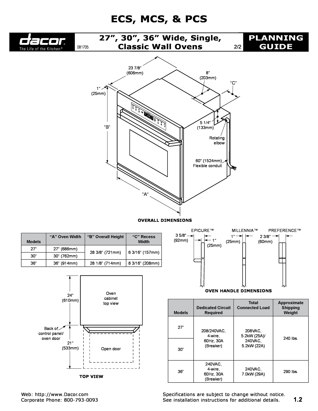 Dacor & PCS “B” A, Overall Dimensions, Top View, Oven Handle Dimensions, Ecs, Mcs, & Pcs, 27”, 30”, 36” Wide, Single 