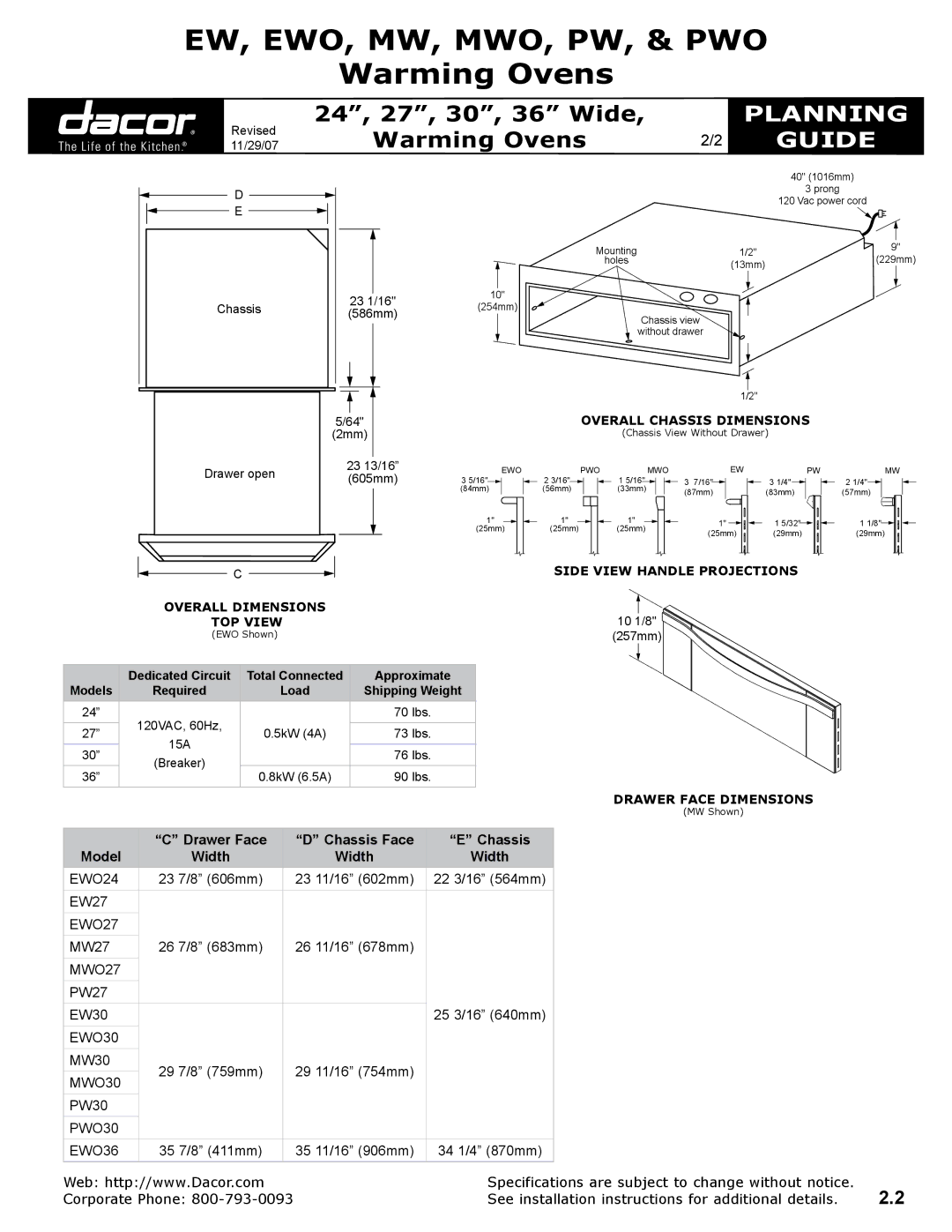 Dacor EWO, & PWO, MWO Overall chassis Dimensions, Side View Handle Projections, TOP view, Drawer Face Dimensions 