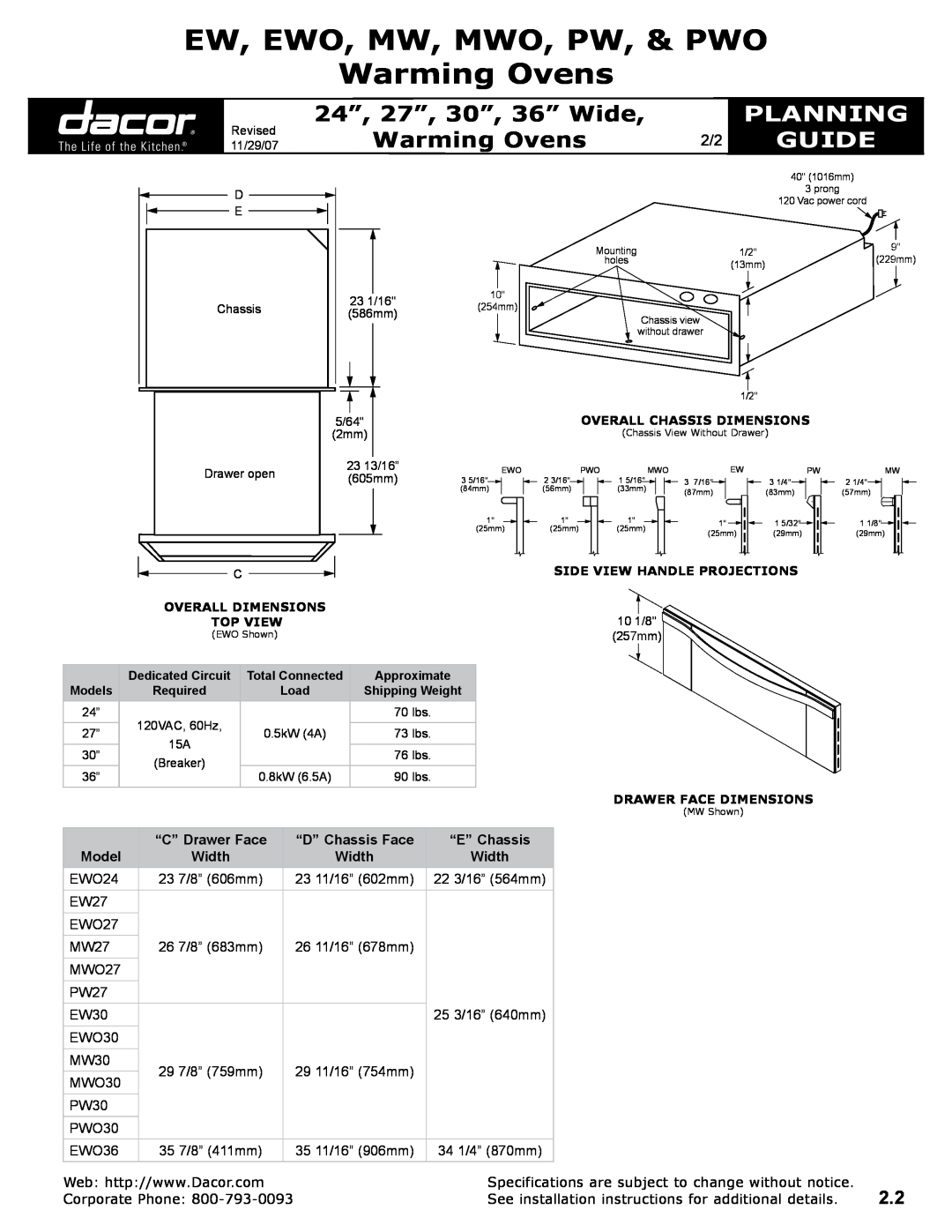Dacor “C” Drawer Face, “D” Chassis Face, “E” Chassis, Model, Width, EW, EWO, MW, MWO, PW, & PWO Warming Ovens, Planning 