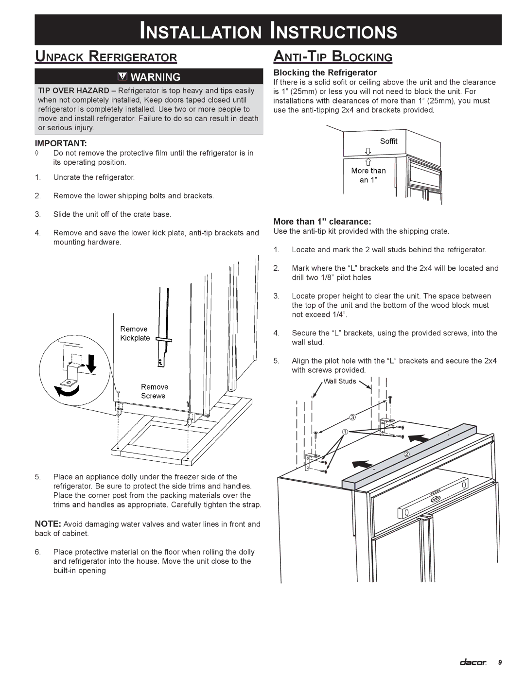 Dacor 100500 manual Installation Instructions, Unpack Refrigerator, Anti-Tip Blocking, Blocking the Refrigerator 