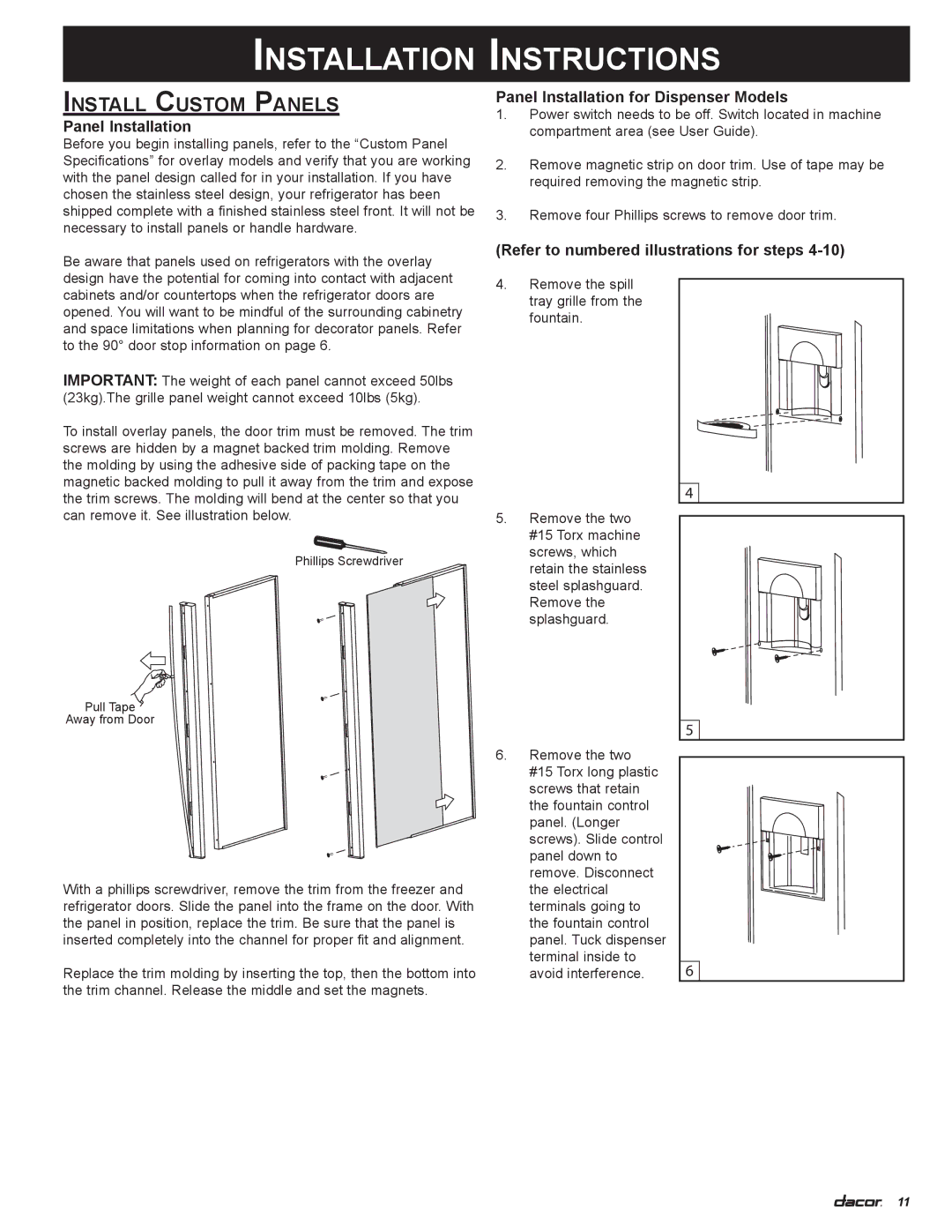 Dacor 100500 Install Custom Panels, Panel Installation for Dispenser Models, Refer to numbered illustrations for steps 