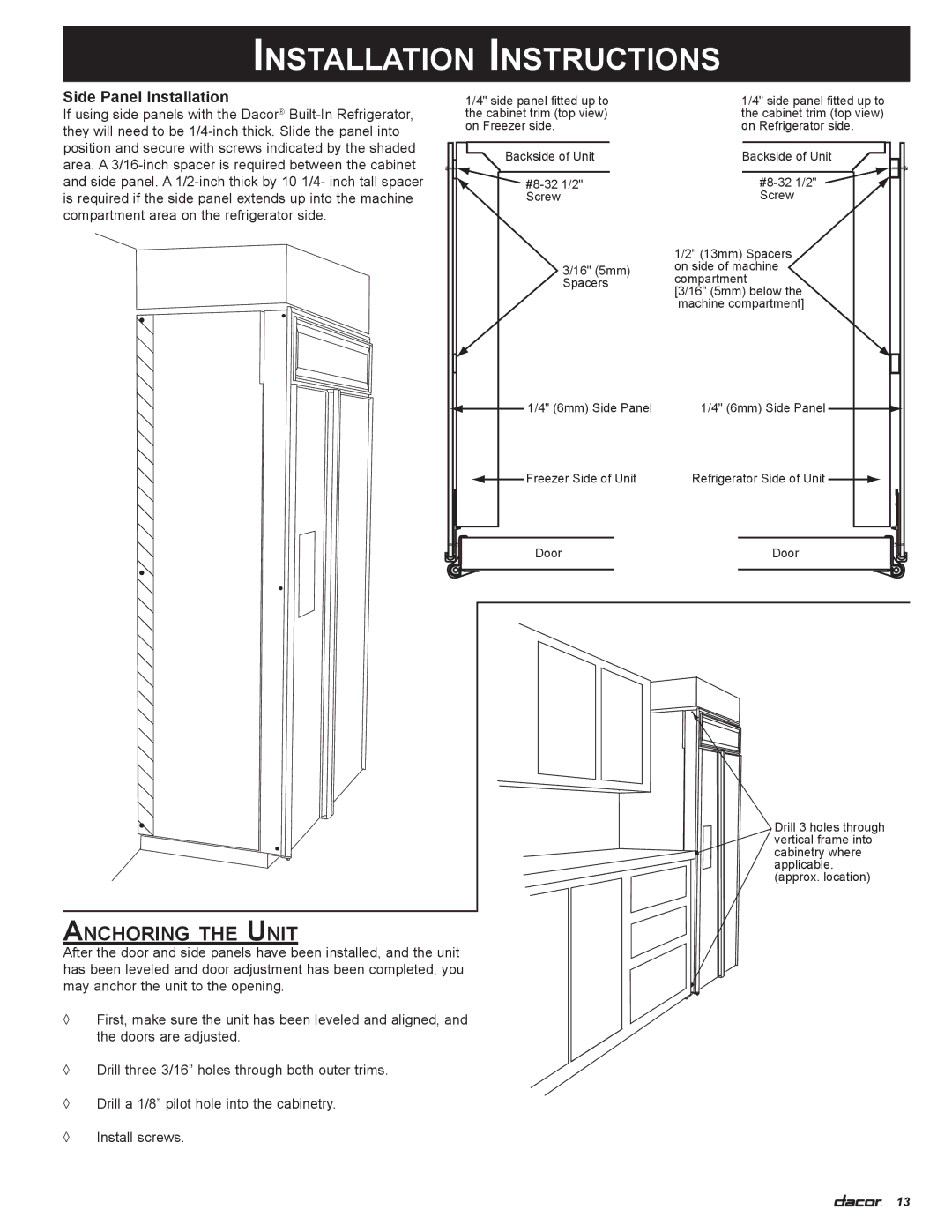 Dacor 100500 manual Anchoring the Unit, Side Panel Installation 