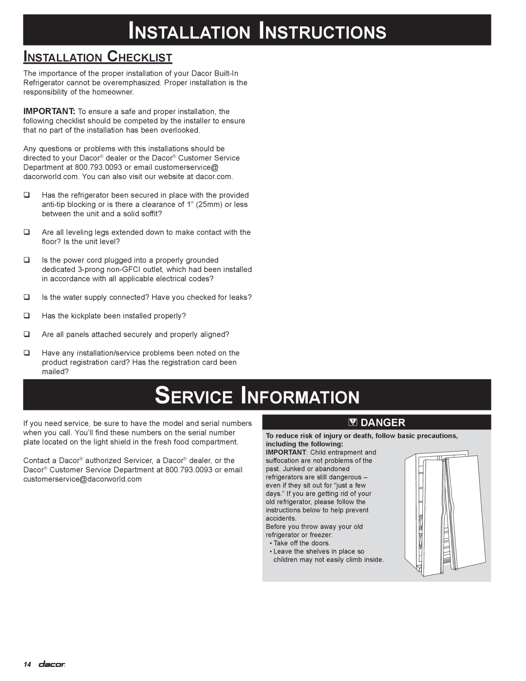 Dacor 100500 manual Service Information, Installation Checklist 