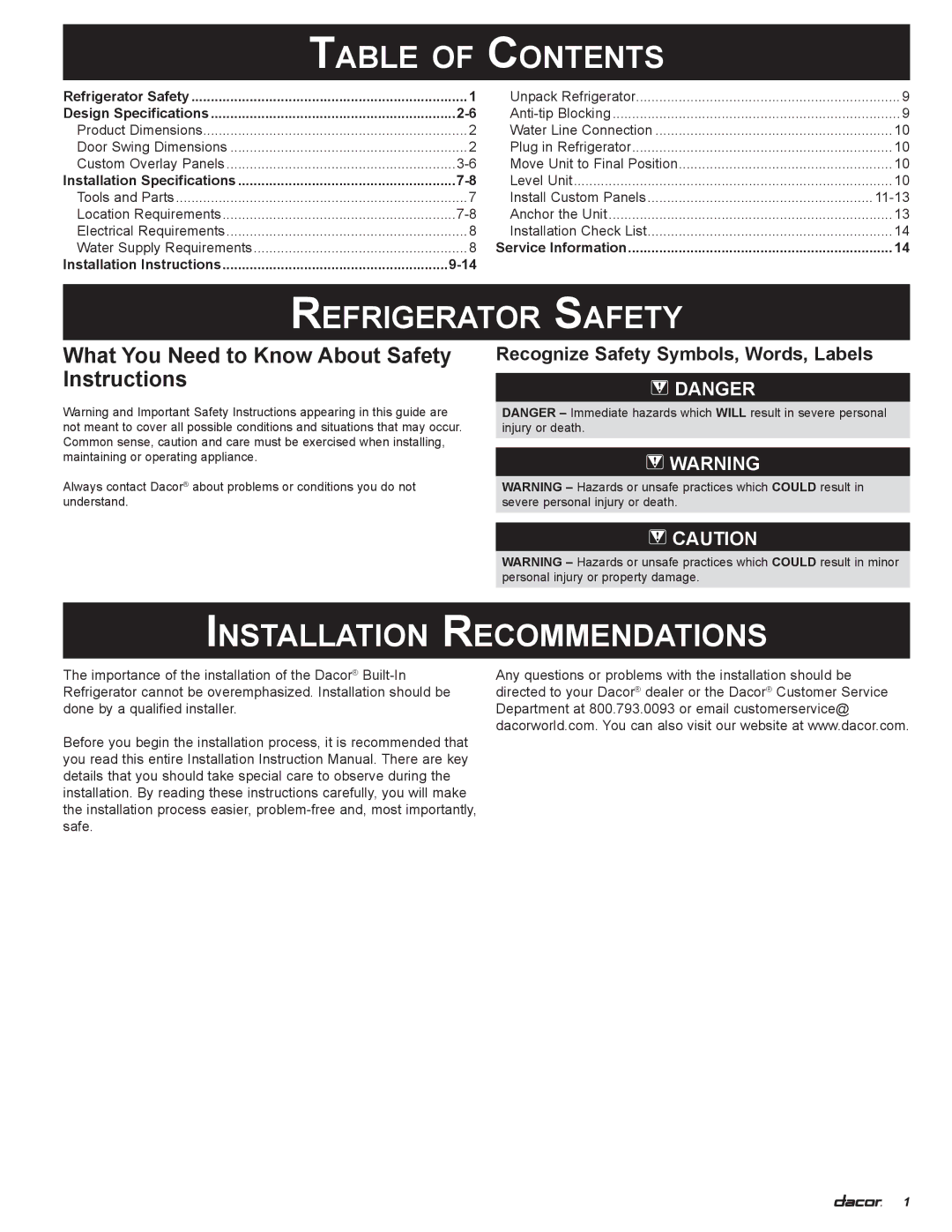 Dacor 100500 manual Table of Contents, Refrigerator Safety, Installation Recommendations 