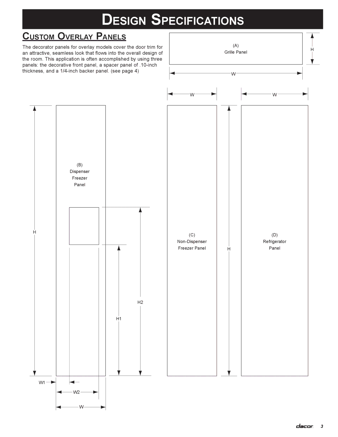 Dacor 100500 manual Custom Overlay Panels 