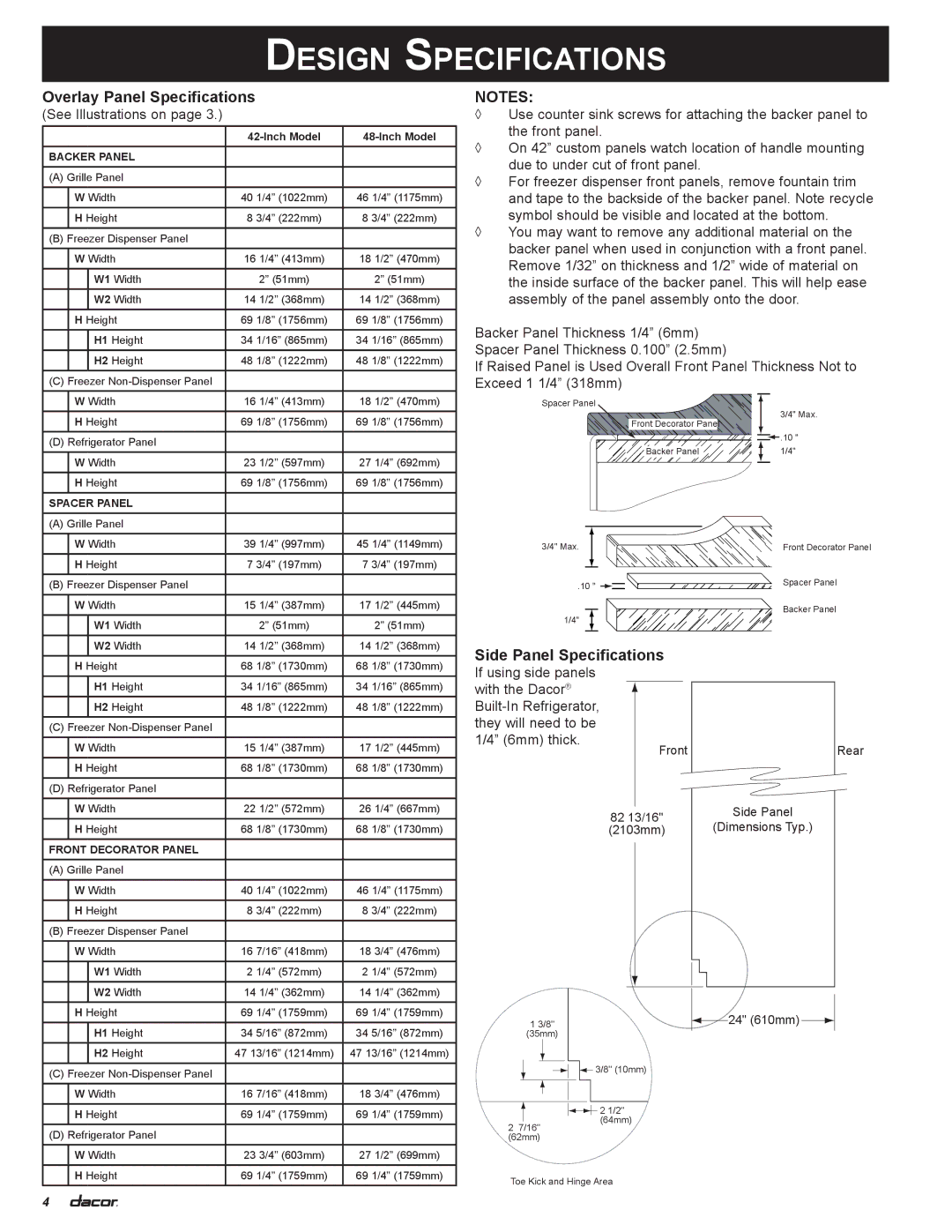 Dacor 100500 manual Side Panel Specifications, Overlay Panel Specifications See Illustrations on 