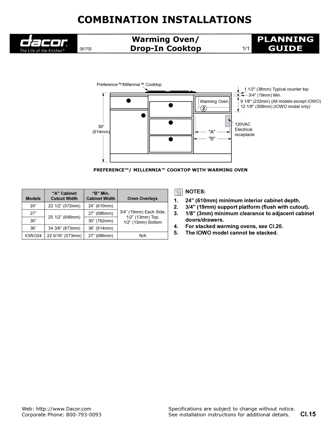 Dacor 36, 24, 30 specifications Combination Installations, Planning, Guide, Preference/ Millennia cooktop with warming oven 