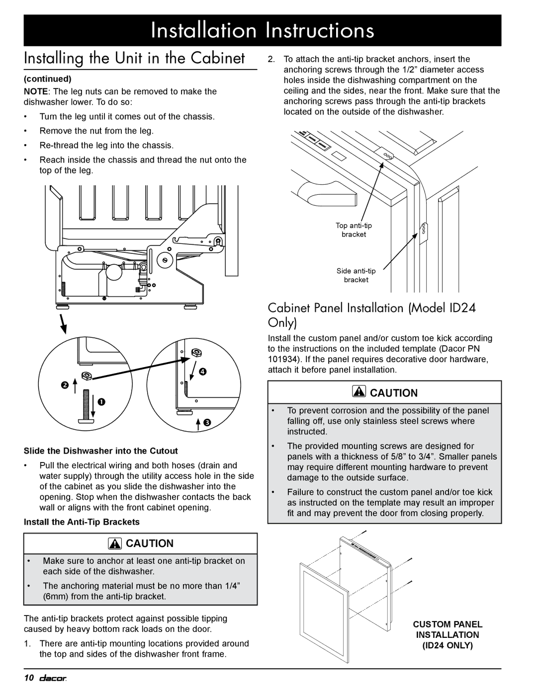 Dacor 24GN Cabinet Panel Installation Model ID24 Only, Slide the Dishwasher into the Cutout, Install the Anti-Tip Brackets 