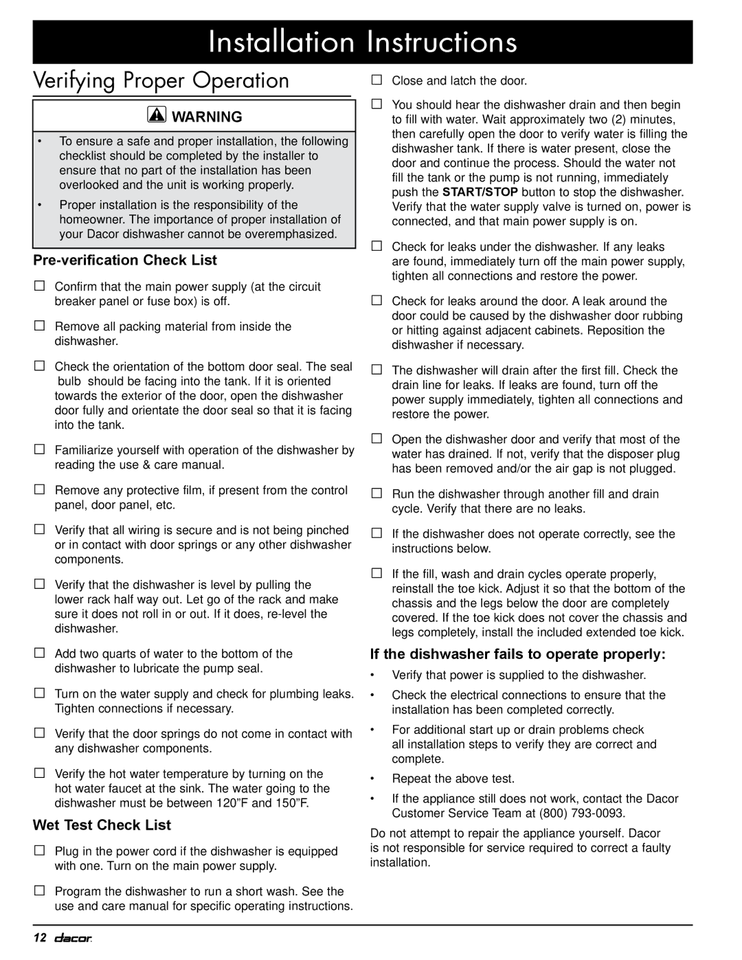 Dacor 24GN, PD installation instructions Verifying Proper Operation, Pre-verification Check List 