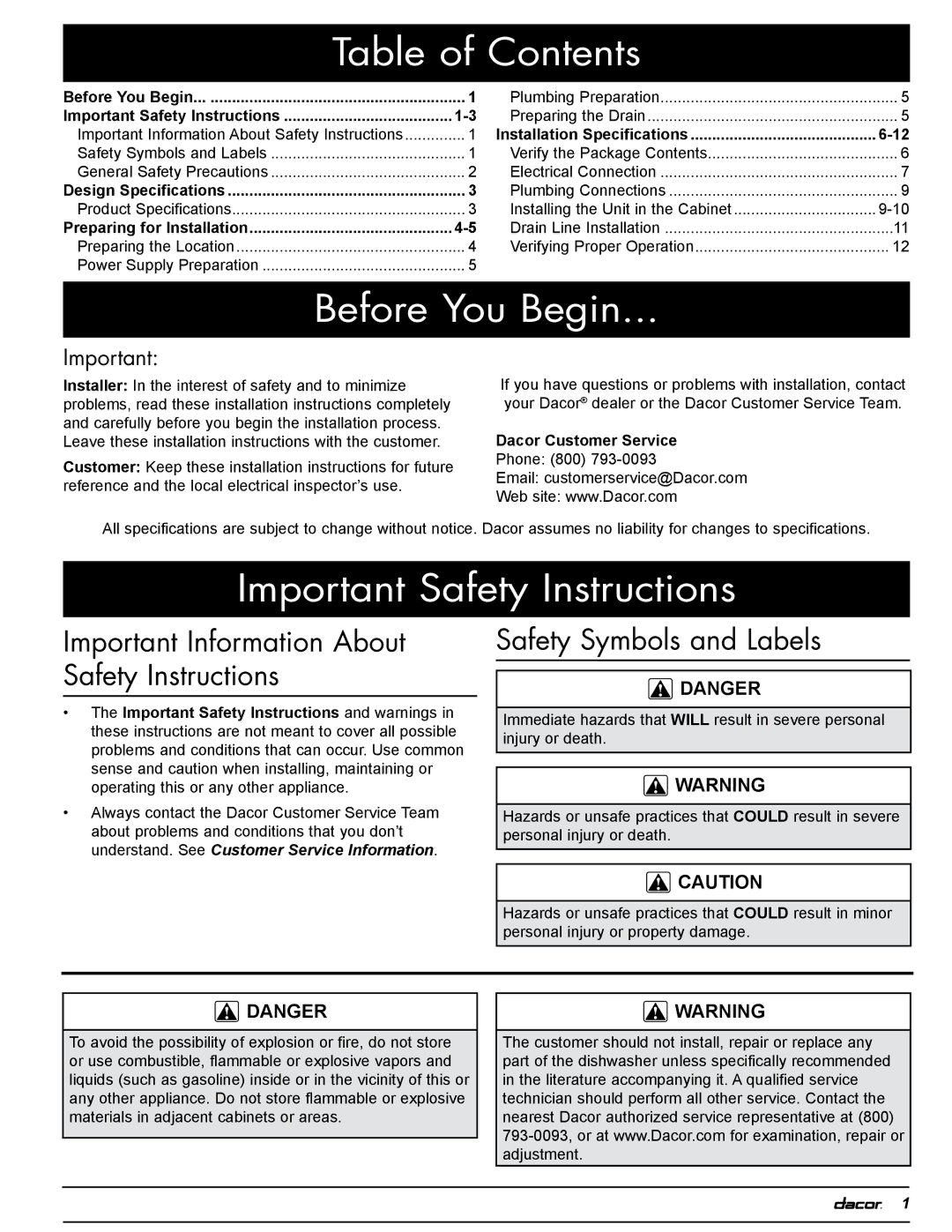 Dacor PD, 24GN installation instructions Table of Contents, Before You Begin, Important Safety Instructions 