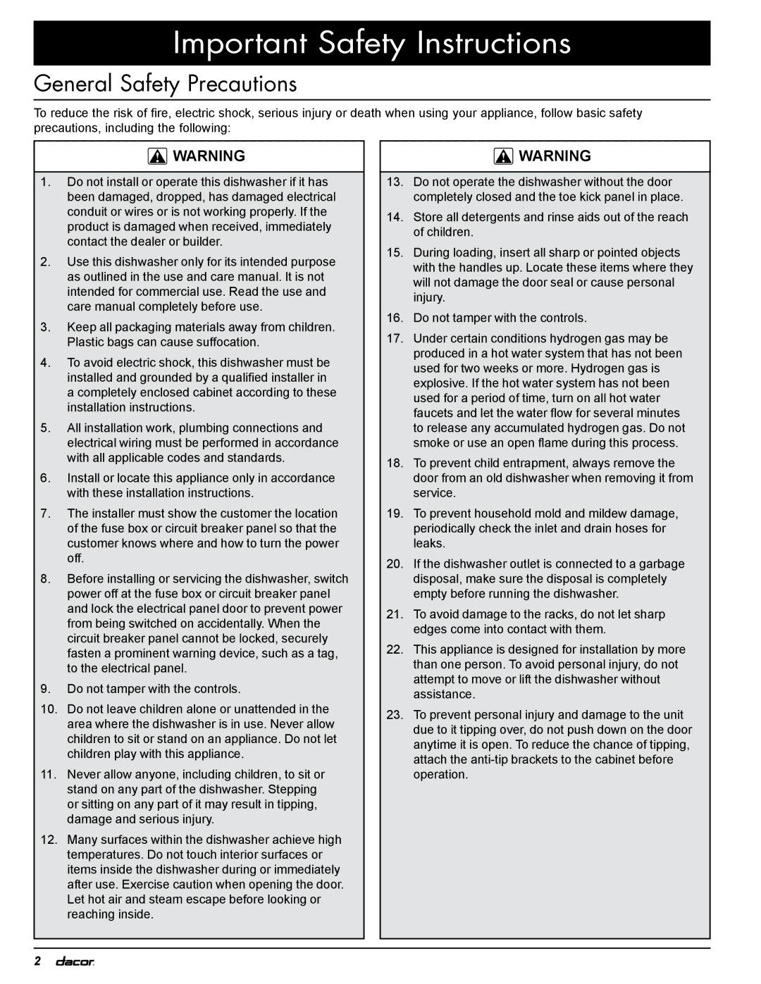 Dacor 24GN, PD installation instructions General Safety Precautions 