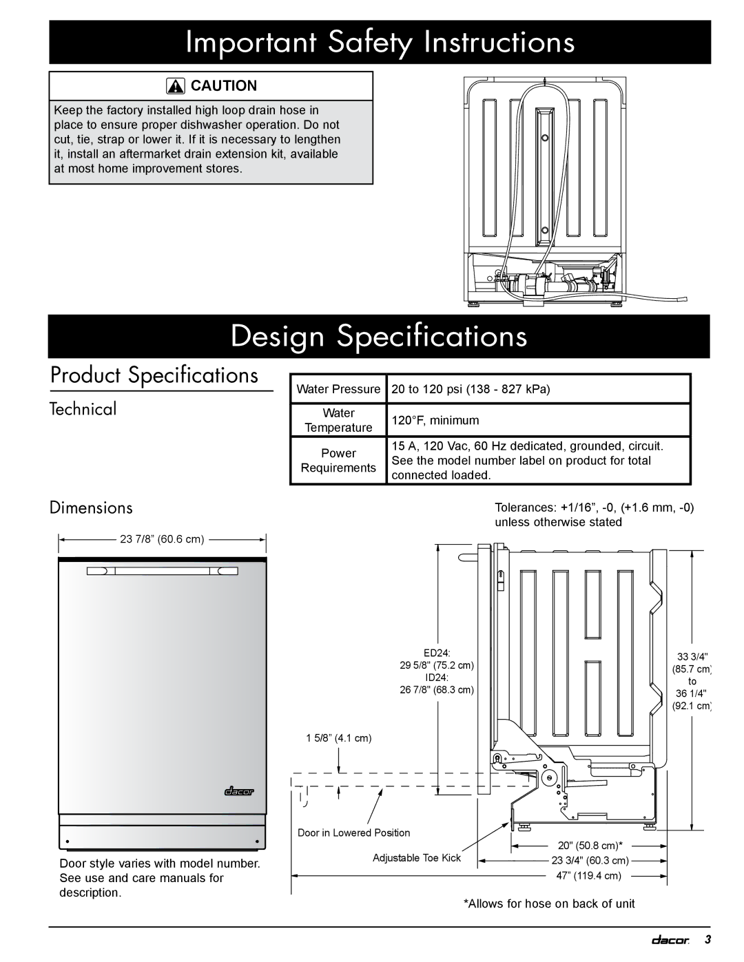 Dacor PD, 24GN installation instructions Design Specifications, Product Specifications, Technical, Dimensions 