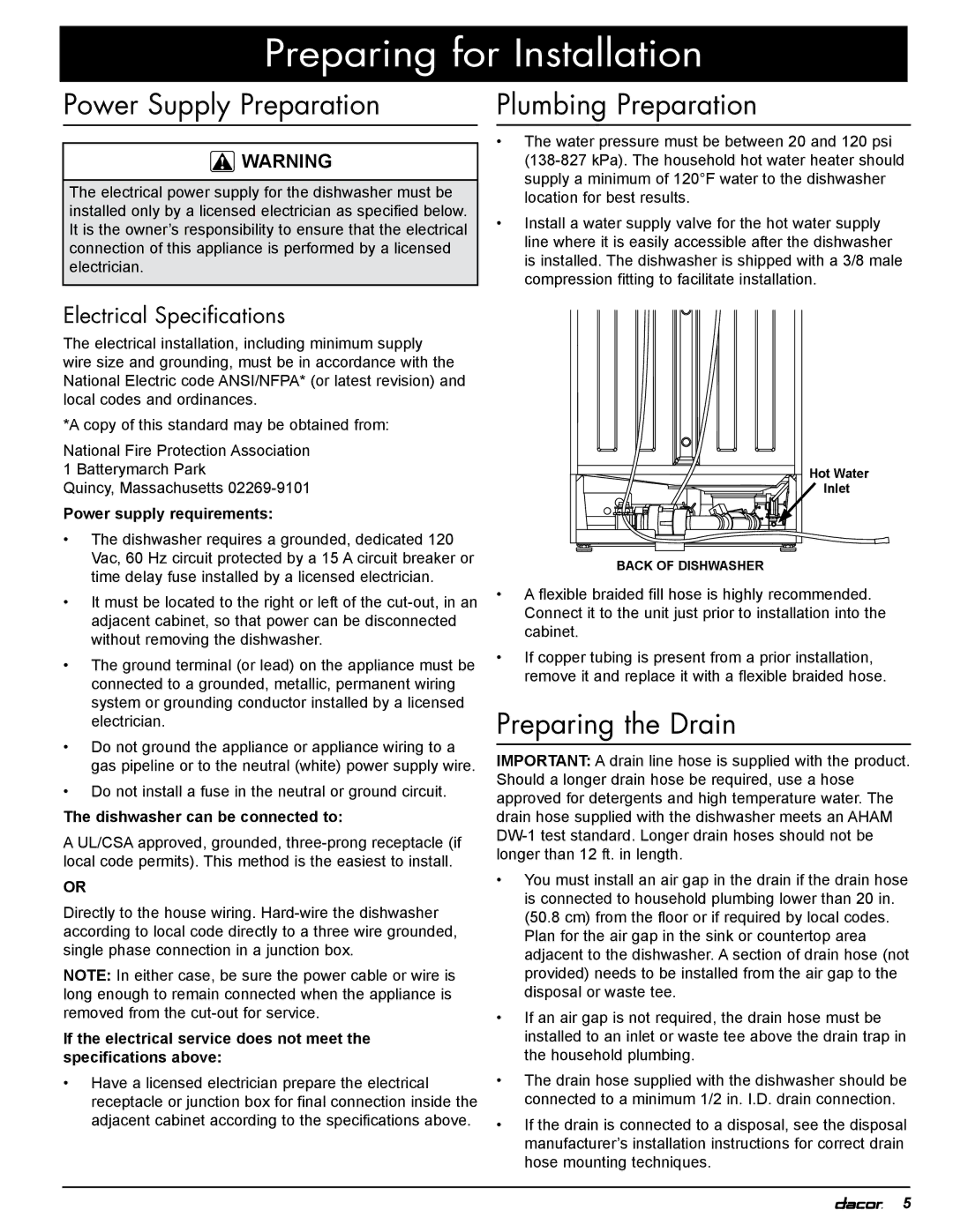 Dacor PD, 24GN Power Supply Preparation, Plumbing Preparation, Preparing the Drain, Electrical Specifications 