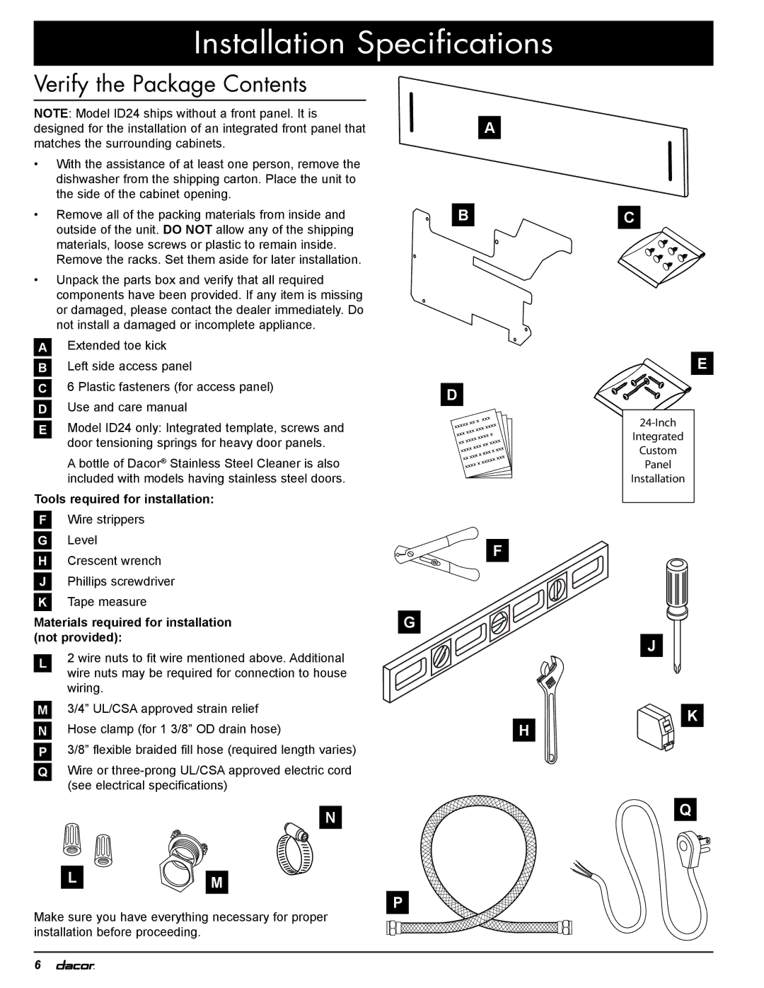 Dacor 24GN, PD installation instructions Installation Specifications, Verify the Package Contents 