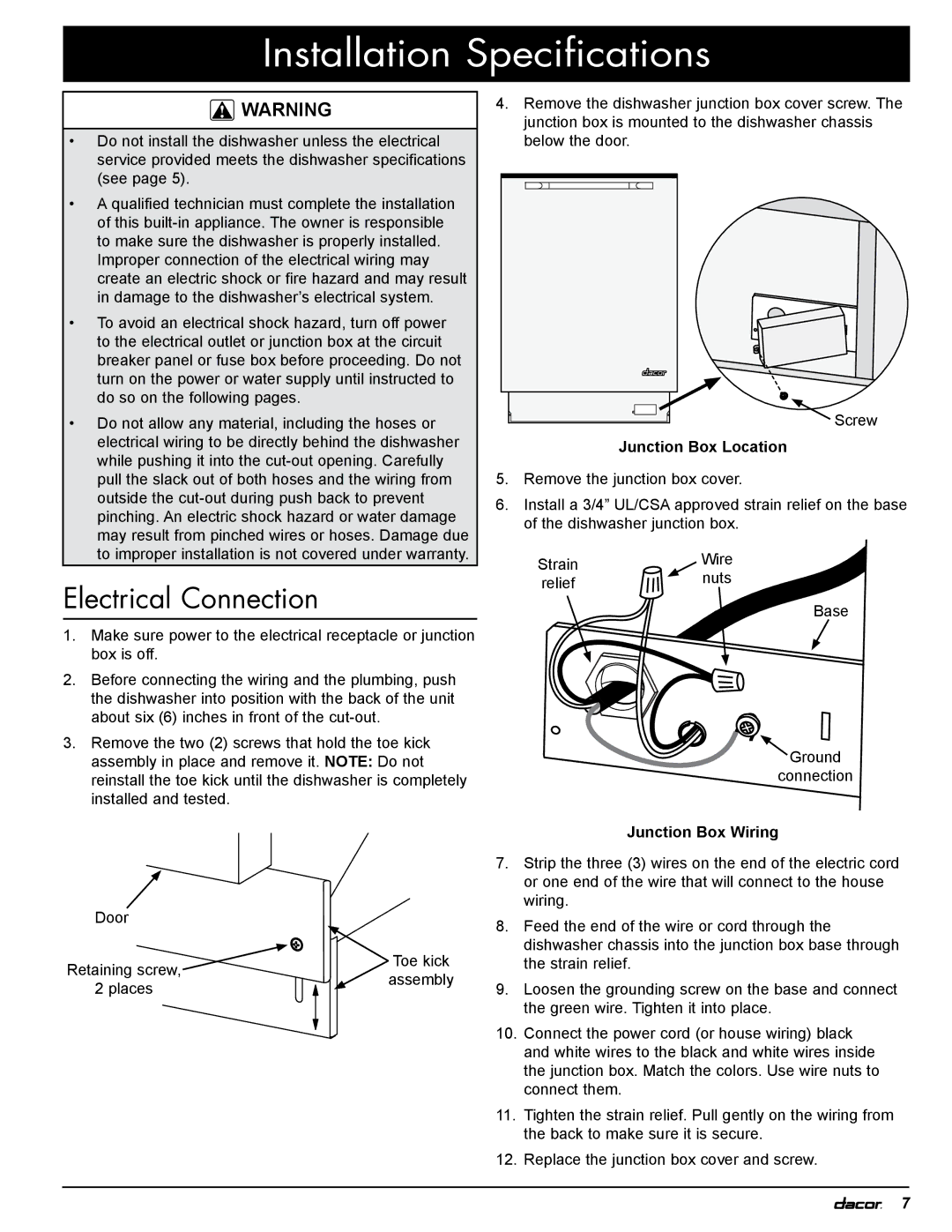 Dacor PD, 24GN installation instructions Electrical Connection, Junction Box Location, Junction Box Wiring 