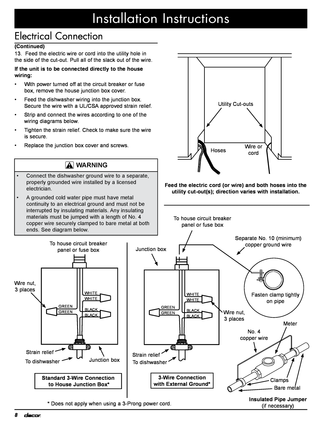 Dacor 24GN Installation Instructions, Continued, If the unit is to be connected directly to the house wiring, electrician 