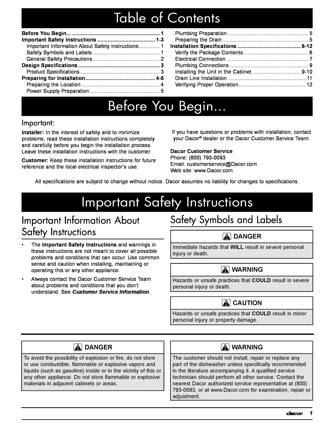 Dacor PD, 24GN Table of Contents, Before You Begin, Important Safety Instructions, Safety Symbols and Labels, Danger, 6-12 