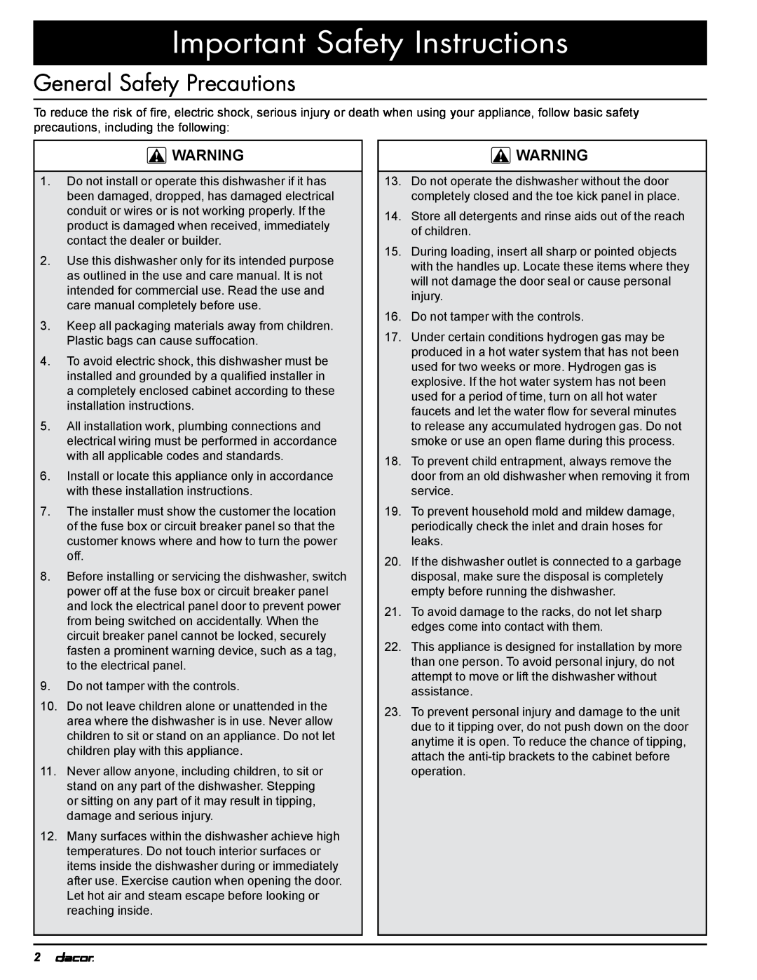 Dacor 24GN, PD installation instructions General Safety Precautions, Important Safety Instructions 