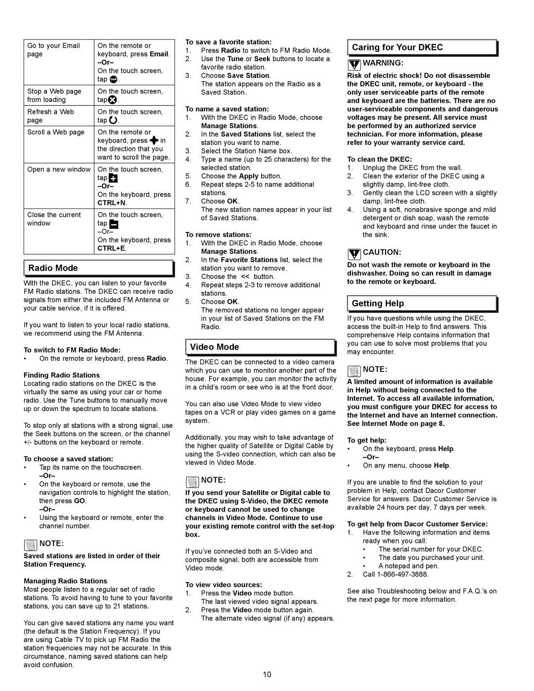 Dacor 65513REV.B manual Radio Mode, Video Mode, Caring for Your Dkec, Getting Help 
