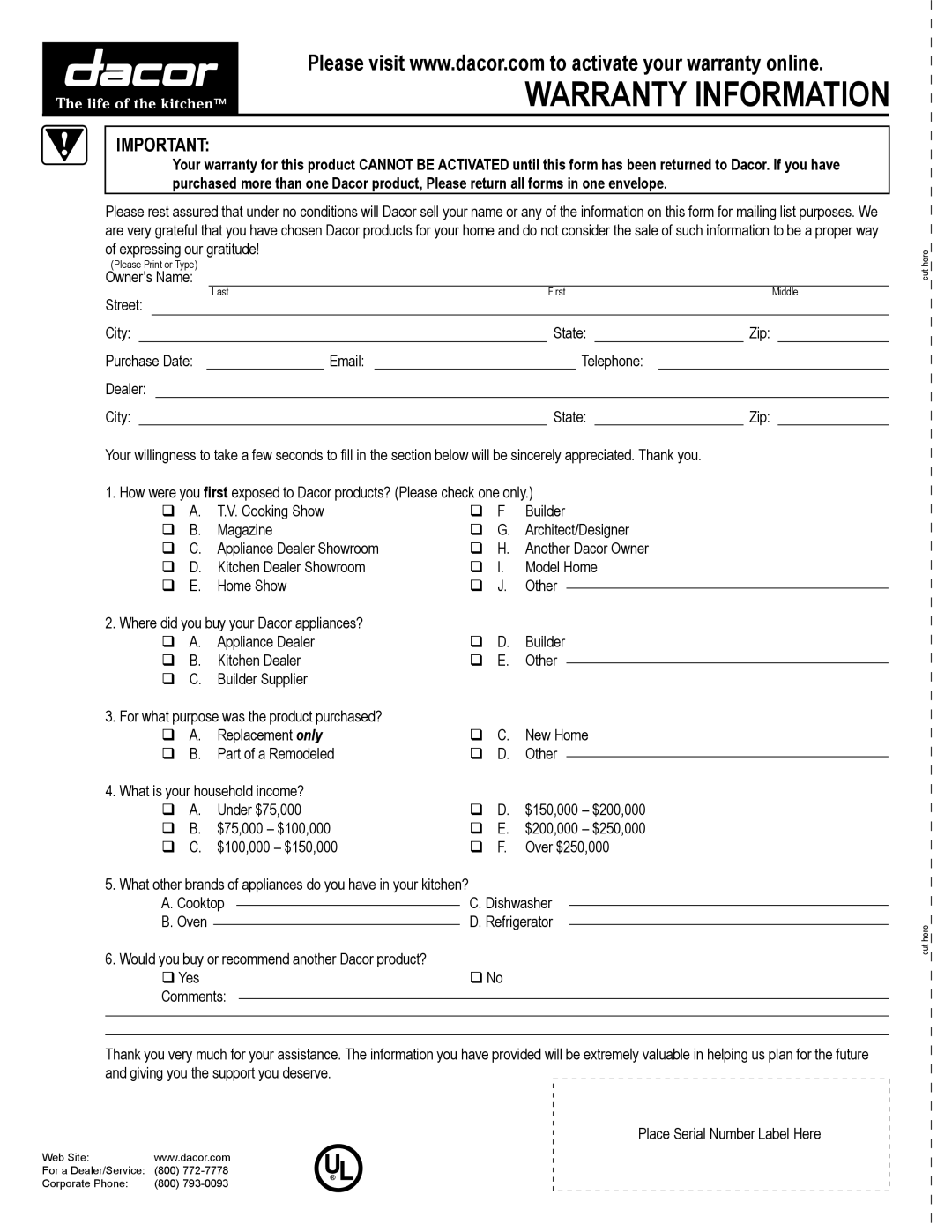 Dacor 65513REV.B manual Warranty Information 