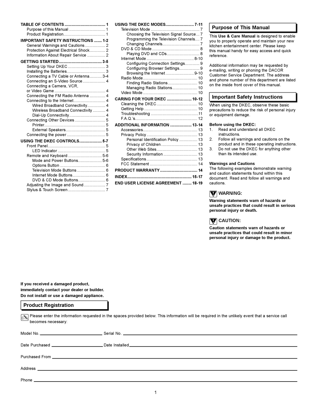 Dacor 65513REV.B manual Purpose of This Manual, Important Safety Instructions, Product Registration 