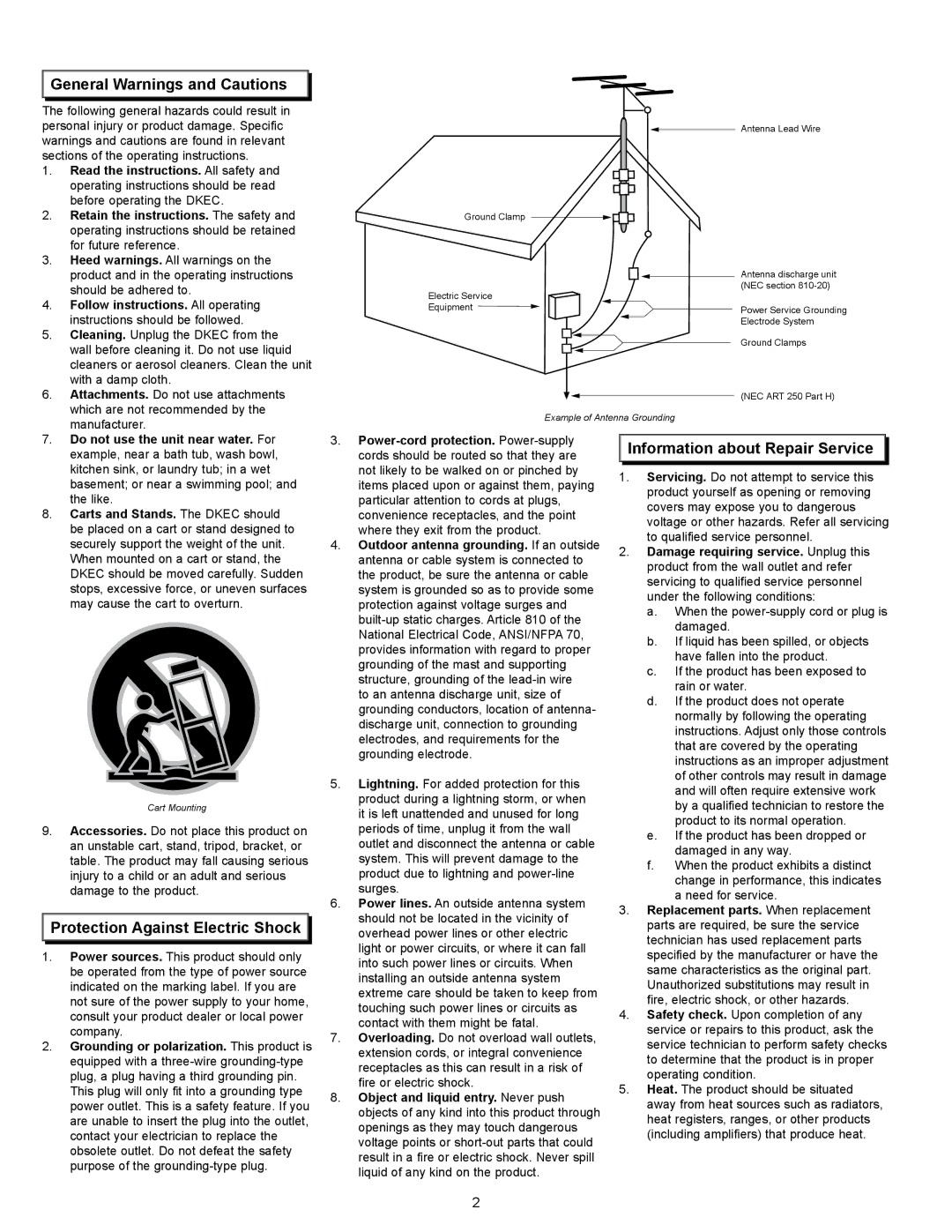 Dacor 65513REV.B manual General Warnings and Cautions, Protection Against Electric Shock, Information about Repair Service 