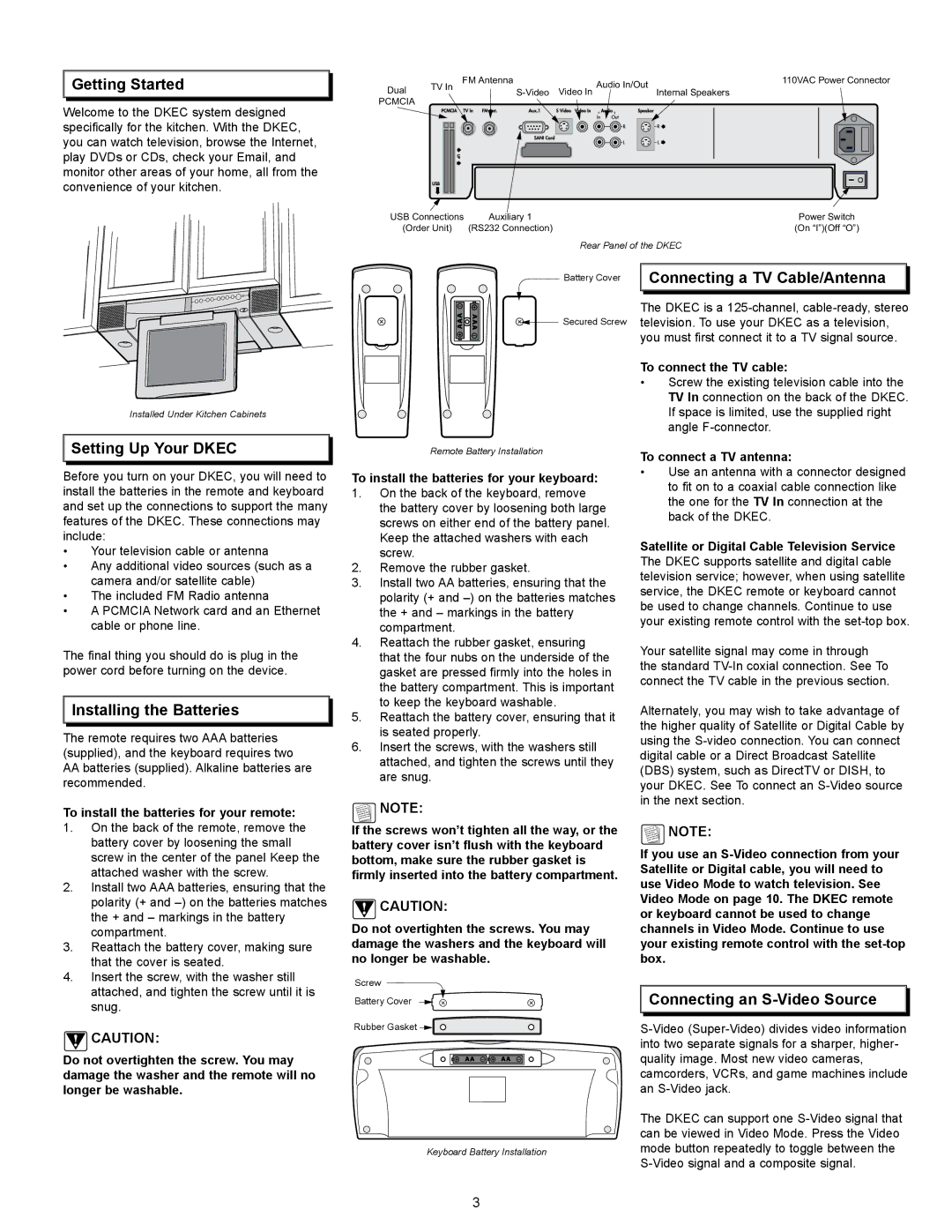 Dacor 65513REV.B manual Getting Started, Setting Up Your Dkec, Installing the Batteries, Connecting a TV Cable/Antenna 