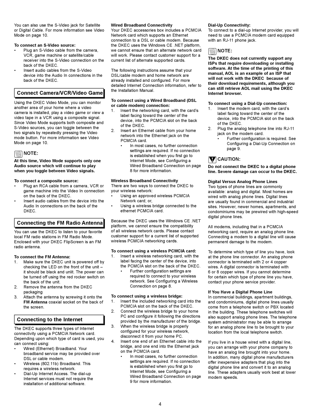 Dacor 65513REV.B manual Connect Camera/VCR/Video Game, Connecting the FM Radio Antenna, Connecting to the Internet 