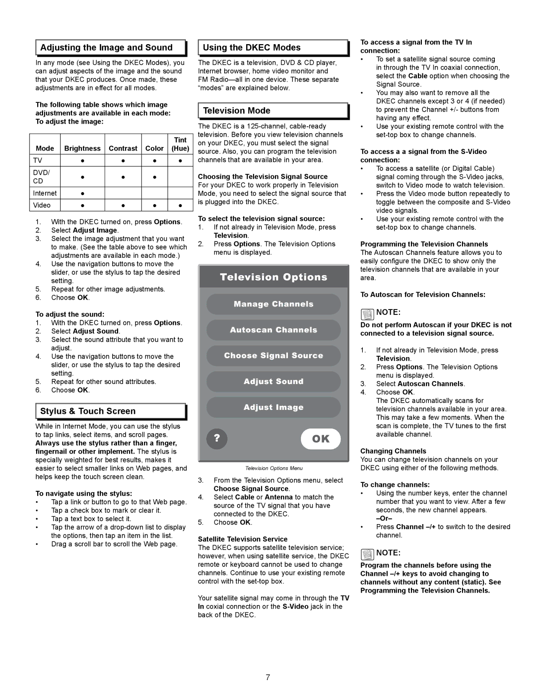 Dacor 65513REV.B manual Adjusting the Image and Sound Using the Dkec Modes, Television Mode, Stylus & Touch Screen 