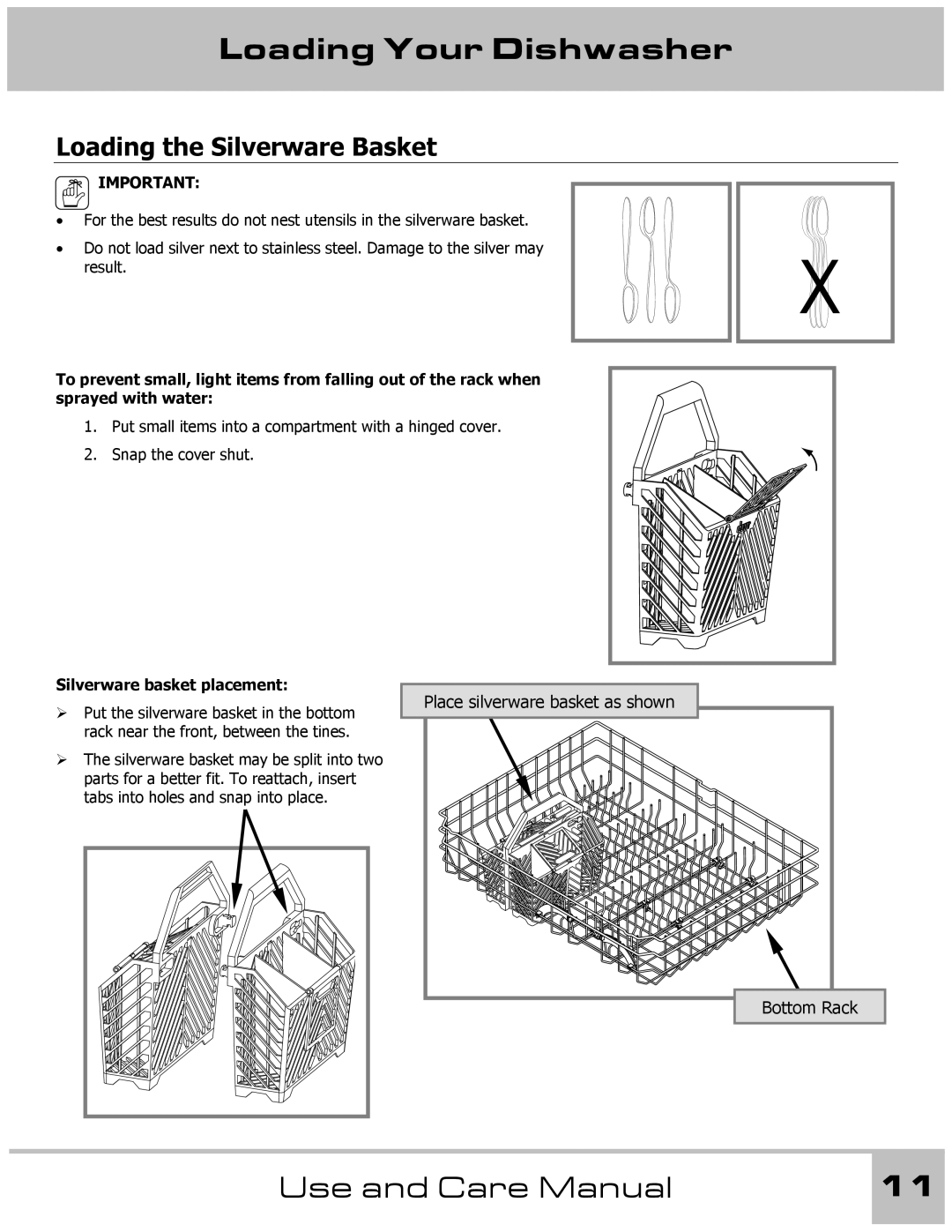 Dacor 65537 manual Loading the Silverware Basket, Silverware basket placement 