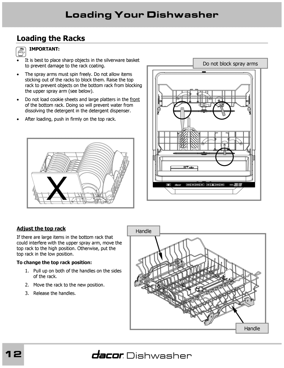 Dacor 65537 manual Loading the Racks, To change the top rack position 