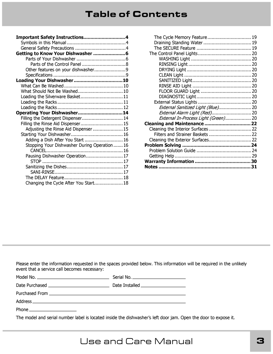 Dacor 65537 manual Table of Contents 