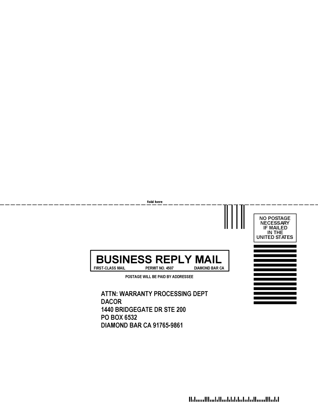 Dacor 65537 manual Business Reply Mail 