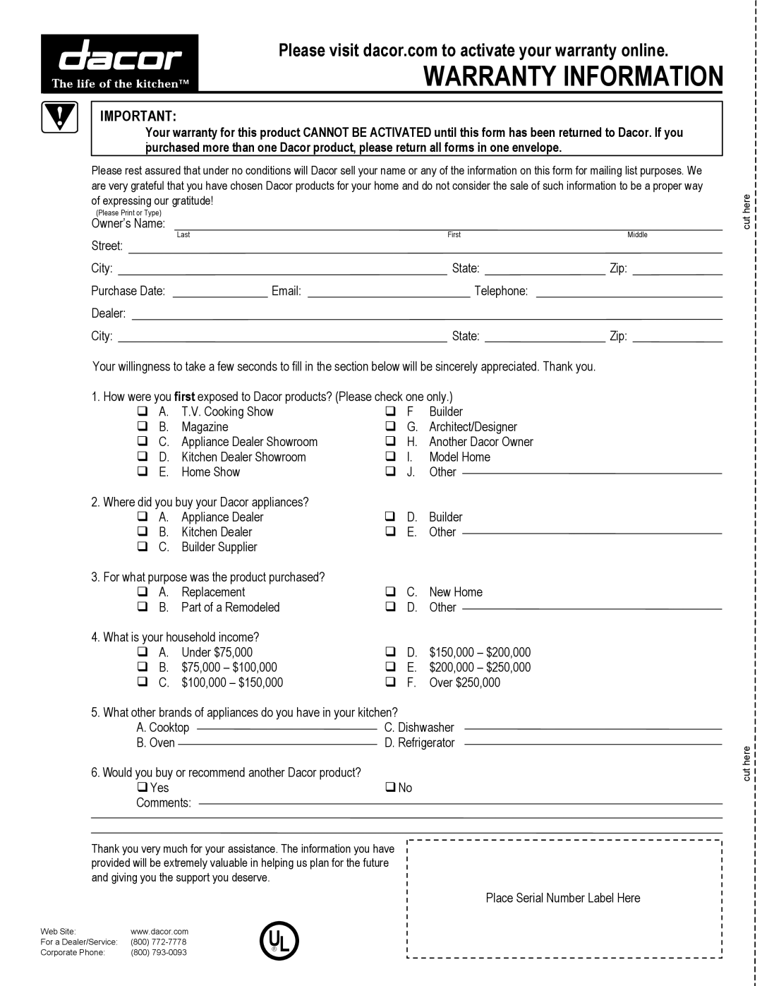 Dacor 65537 manual Warranty Information 