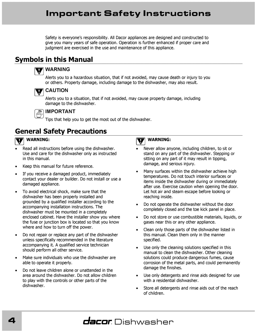 Dacor 65537 manual Important Safety Instructions, Dishwasher, Symbols in this Manual, General Safety Precautions 